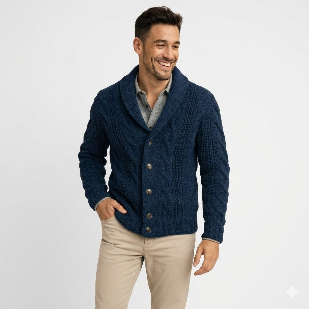 Men's Chunky Cable-Knit Cardigan with Shawl Collar and Button Front 1