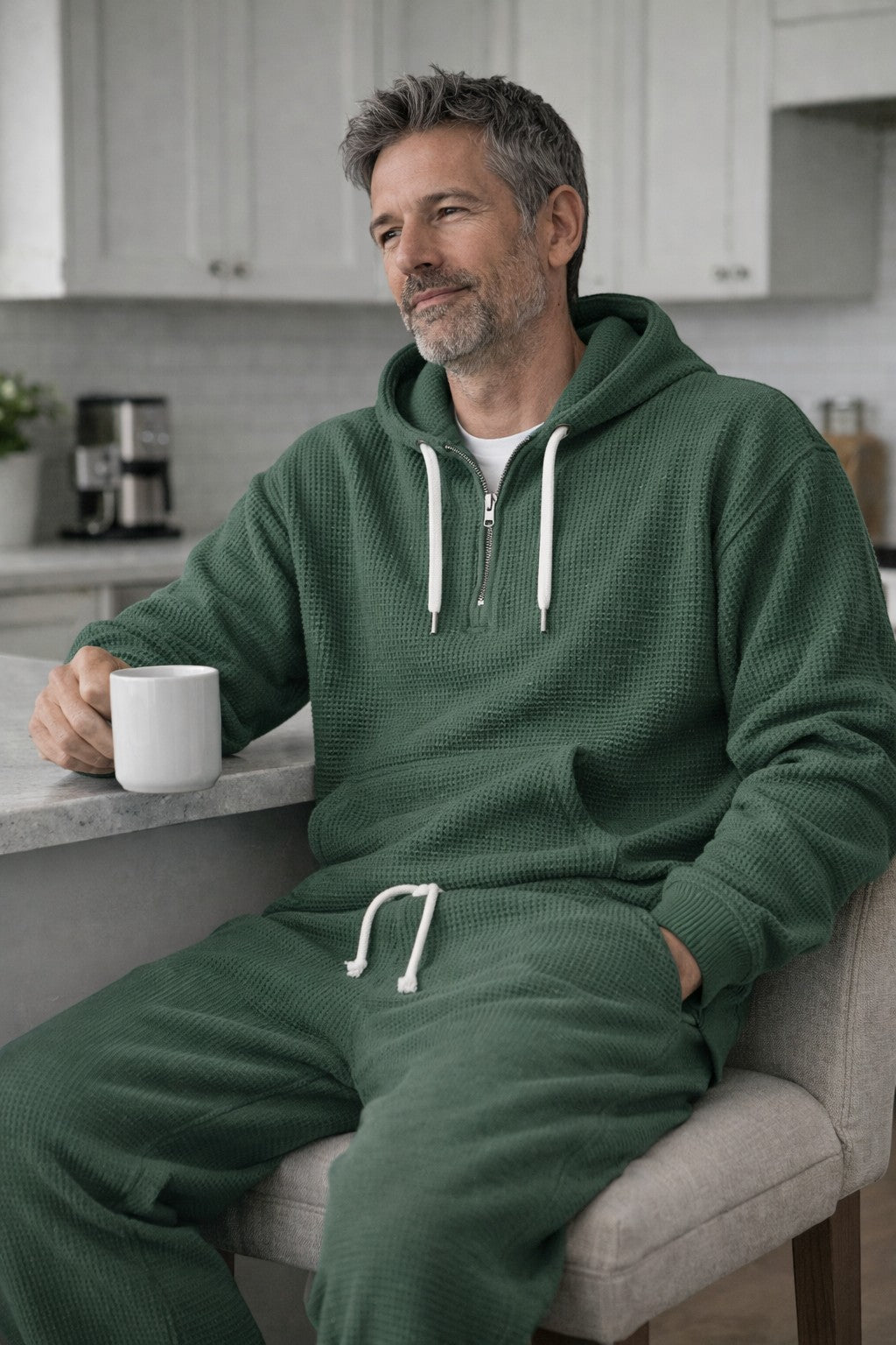 Men's Waffle-Knit Tracksuit Set with Half-Zip Hoodie and Joggers for Travel 3