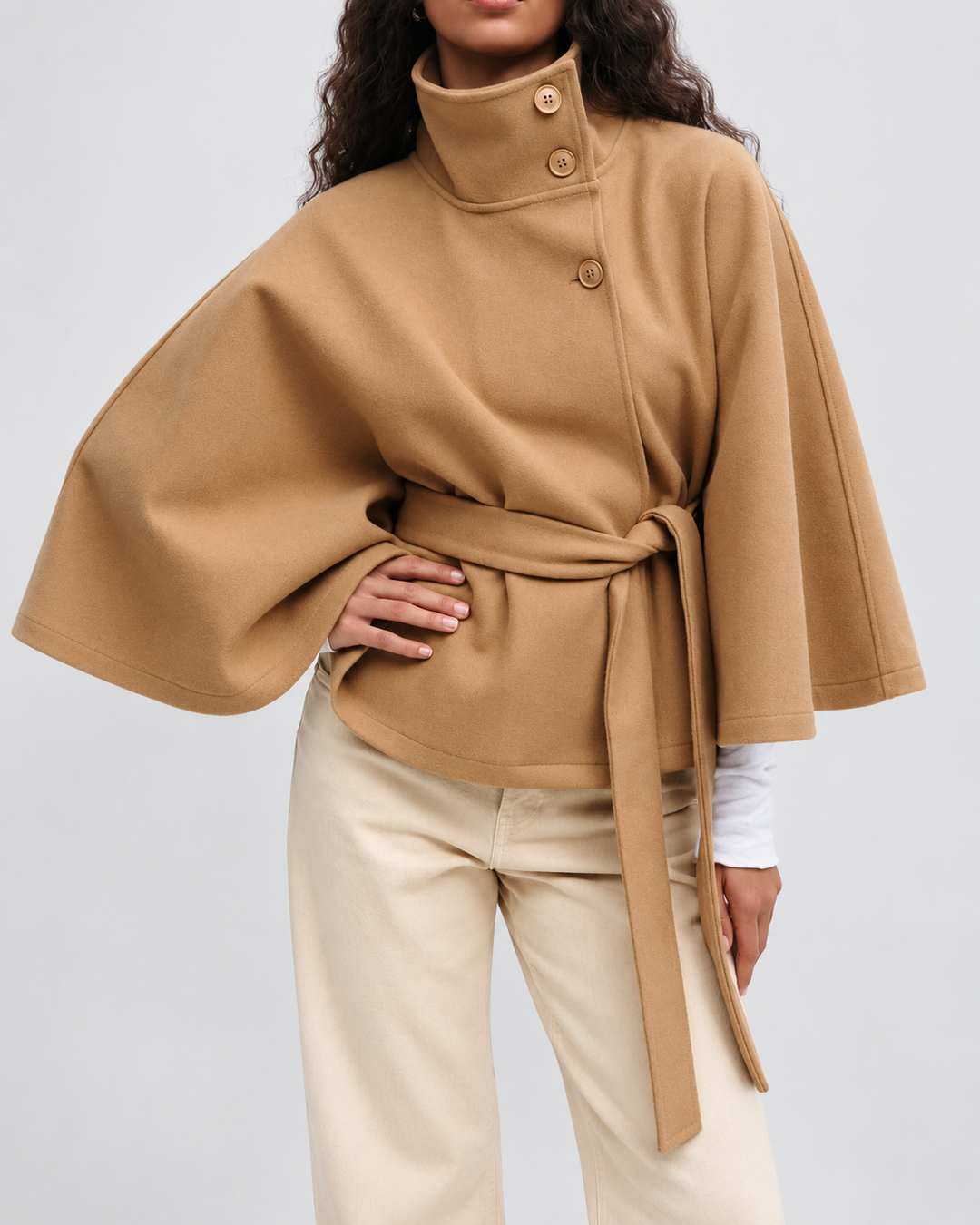 Women's Wool Blend Belted Cape Coat with High Collar and Button Front 2