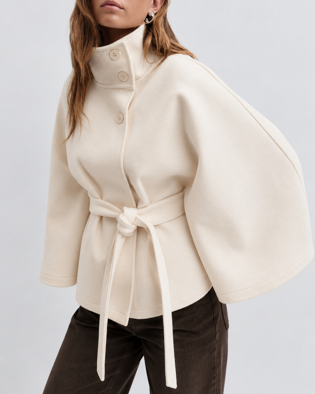 Women's Wool Blend Belted Cape Coat with High Collar and Button Front 3
