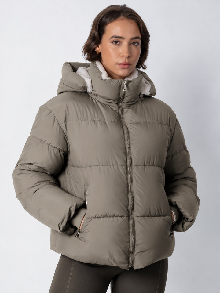 Women's Cropped Padded Puffer Jacket with Detachable Hood and Fleece Lining 18
