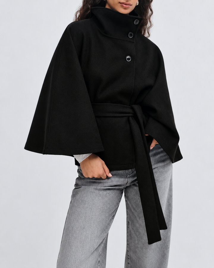 Women's Wool Blend Belted Cape Coat with High Collar and Button Front 5