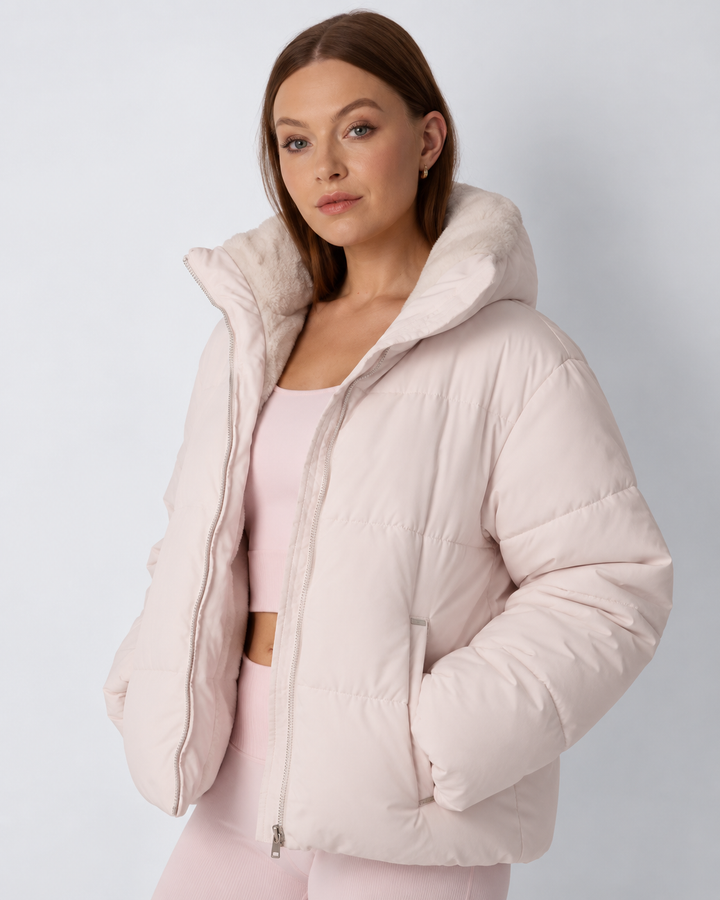 Women's Cropped Padded Puffer Jacket with Detachable Hood and Fleece Lining 7