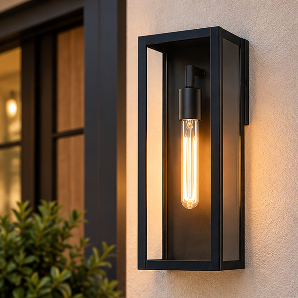 Modern Black Outdoor Wall Lantern with Clear Glass, Dusk to Dawn Sensor 1