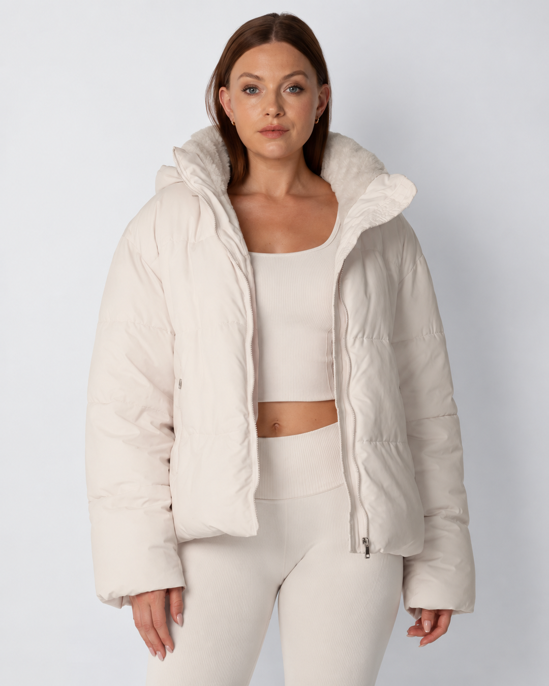 Women's Cropped Padded Puffer Jacket with Detachable Hood and Fleece Lining 1