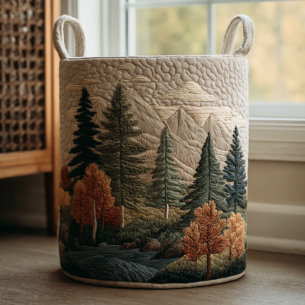 Quilted Fabric Laundry Basket with Forest Prints, Self-Standing, 3 Sizes 1