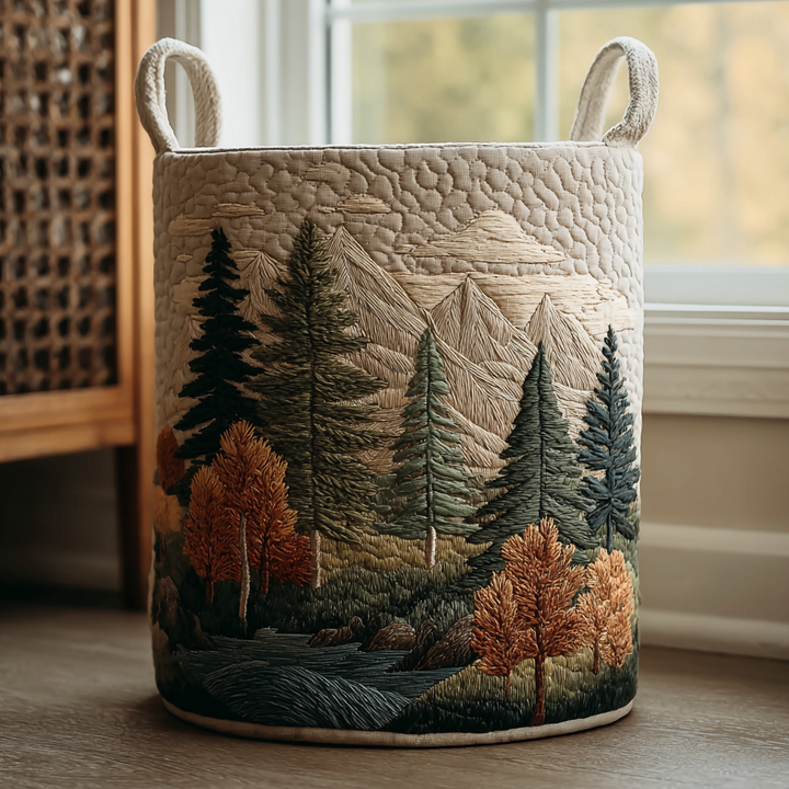 Quilted Fabric Laundry Basket with Forest Prints, Self-Standing, 3 Sizes 1