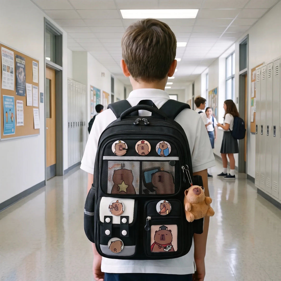 Multi-Pocket Capybara-Themed School Backpack - Viyora