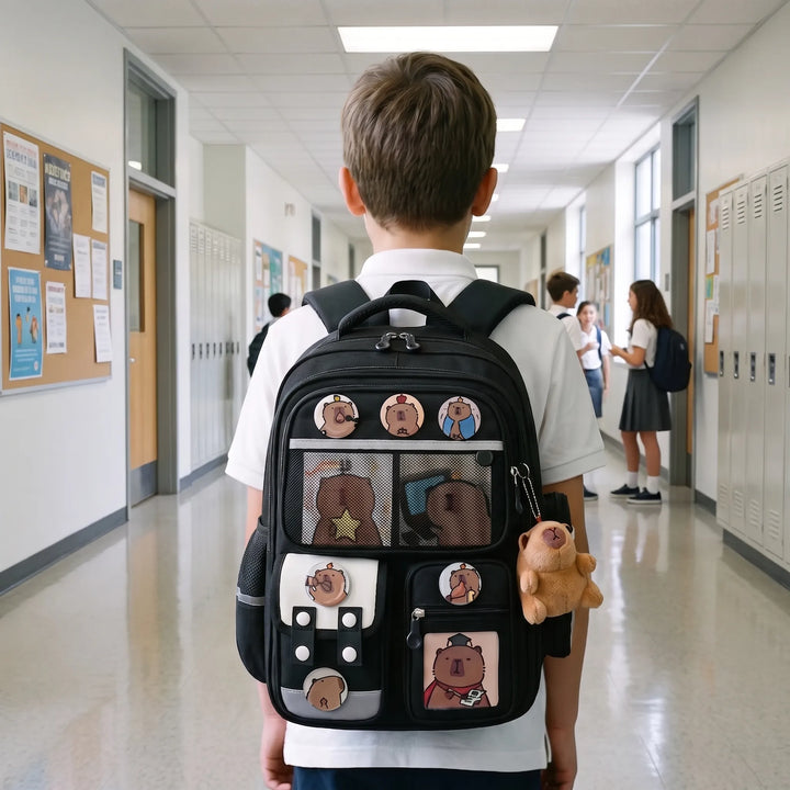 Multi-Pocket Capybara-Themed School Backpack - Viyora