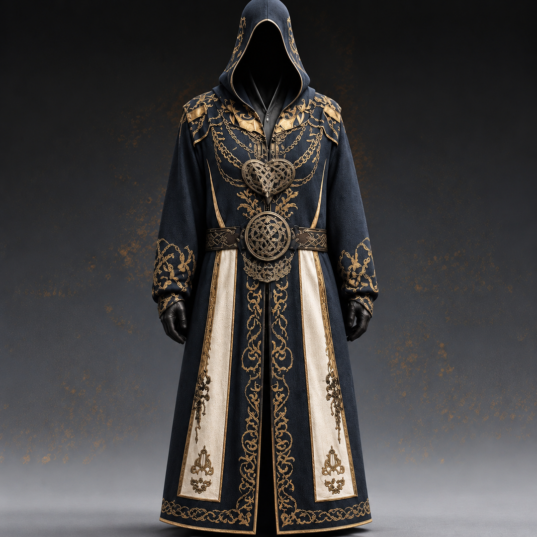 Men's Black Hooded Medieval Costume with Celtic Details for Halloween 1