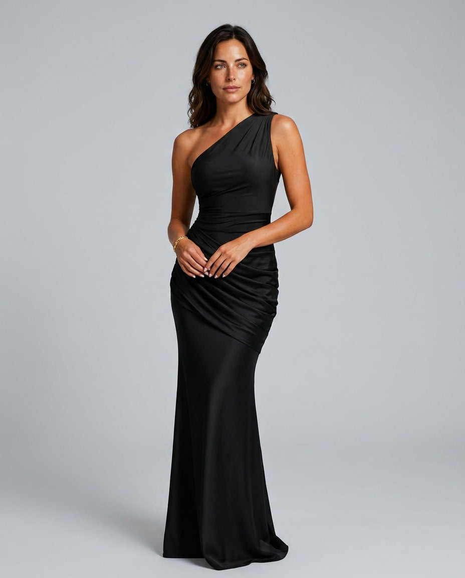 One Shoulder Draped Satin Maxi Dress 1