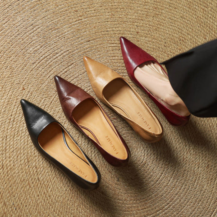 Women's Top-Grain Leather Kitten Heels, Slip-On Pointed Toe Pumps 6
