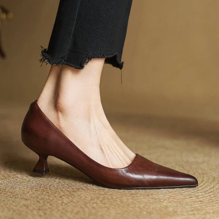 Women's Top-Grain Leather Kitten Heels, Slip-On Pointed Toe Pumps 19