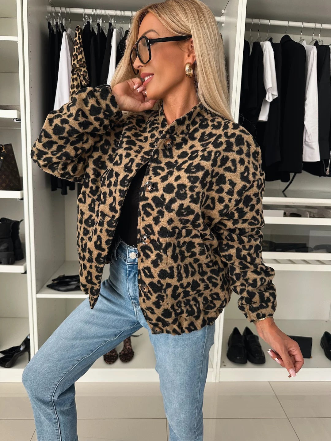 Leopard Print Button-Front Bomber Shacket 1