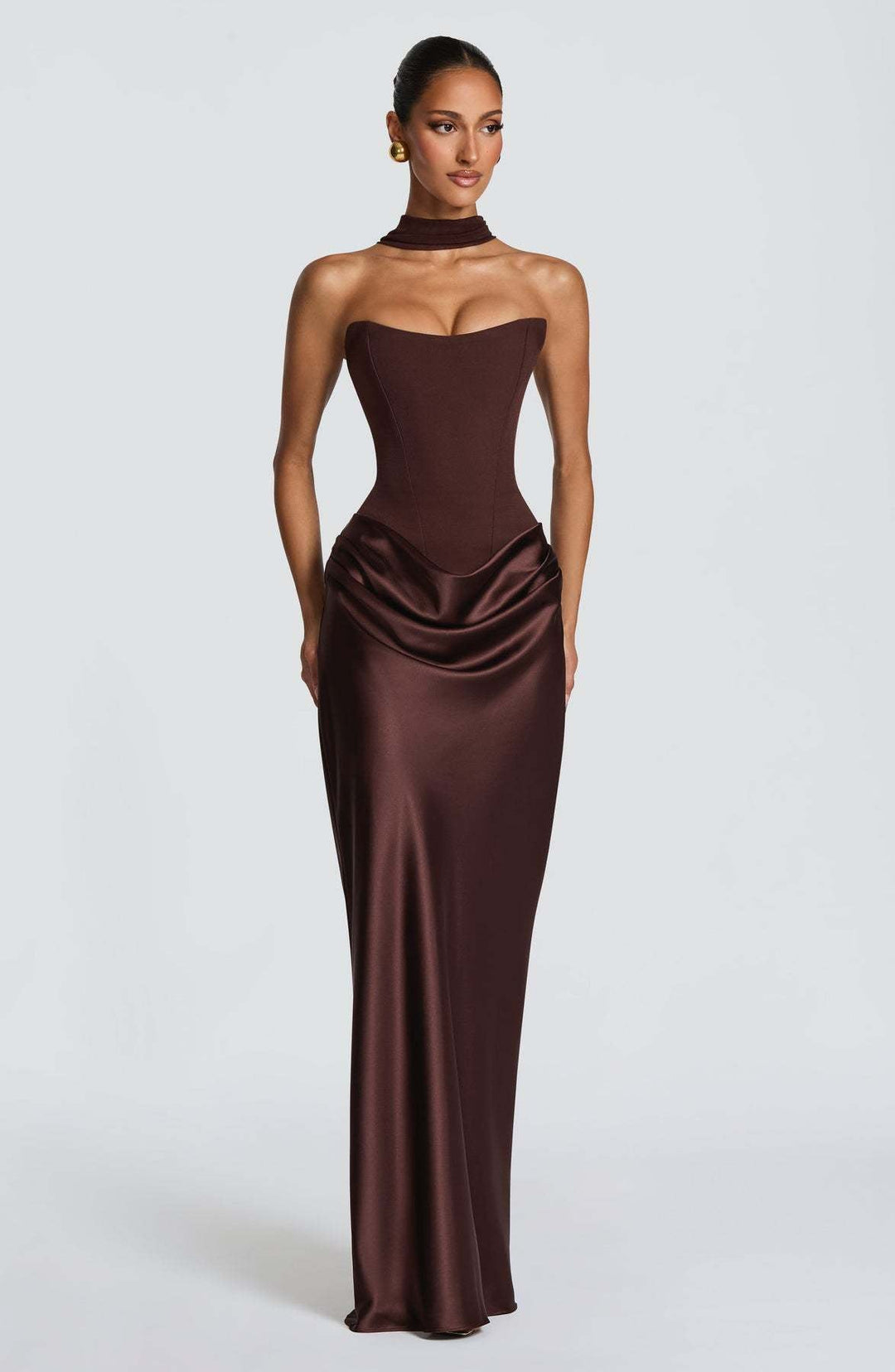 Long Satin Corset Maxi Dress with Draped Choker Neckline and Hip Drape 10