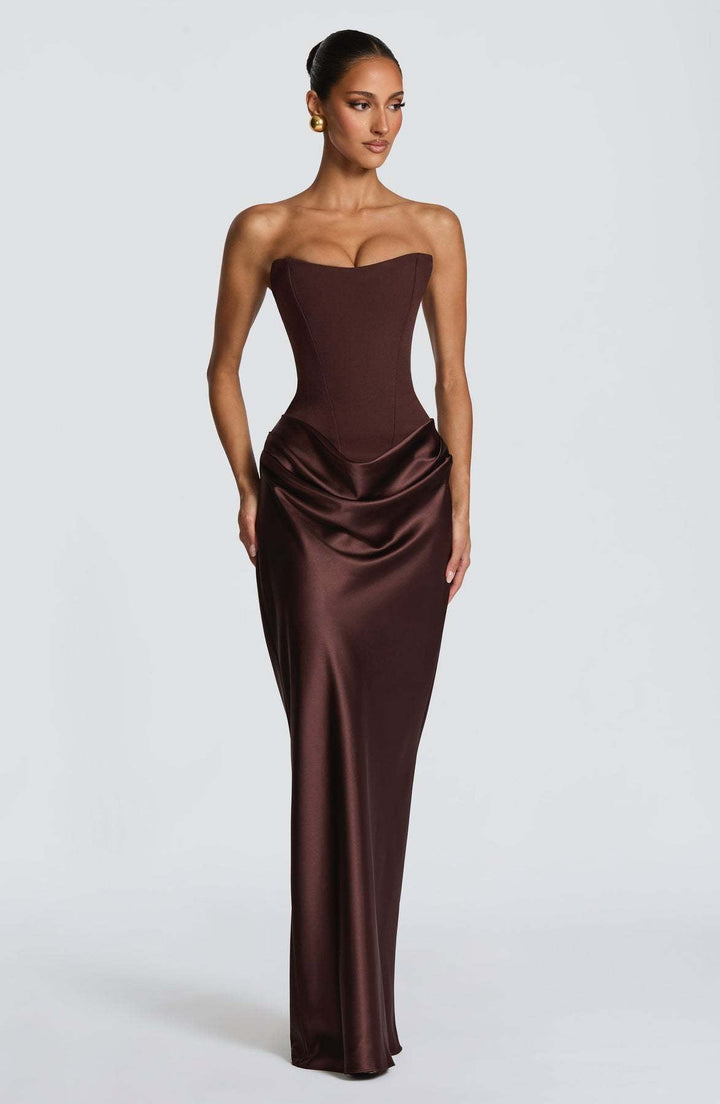 Long Satin Corset Maxi Dress with Draped Choker Neckline and Hip Drape 13