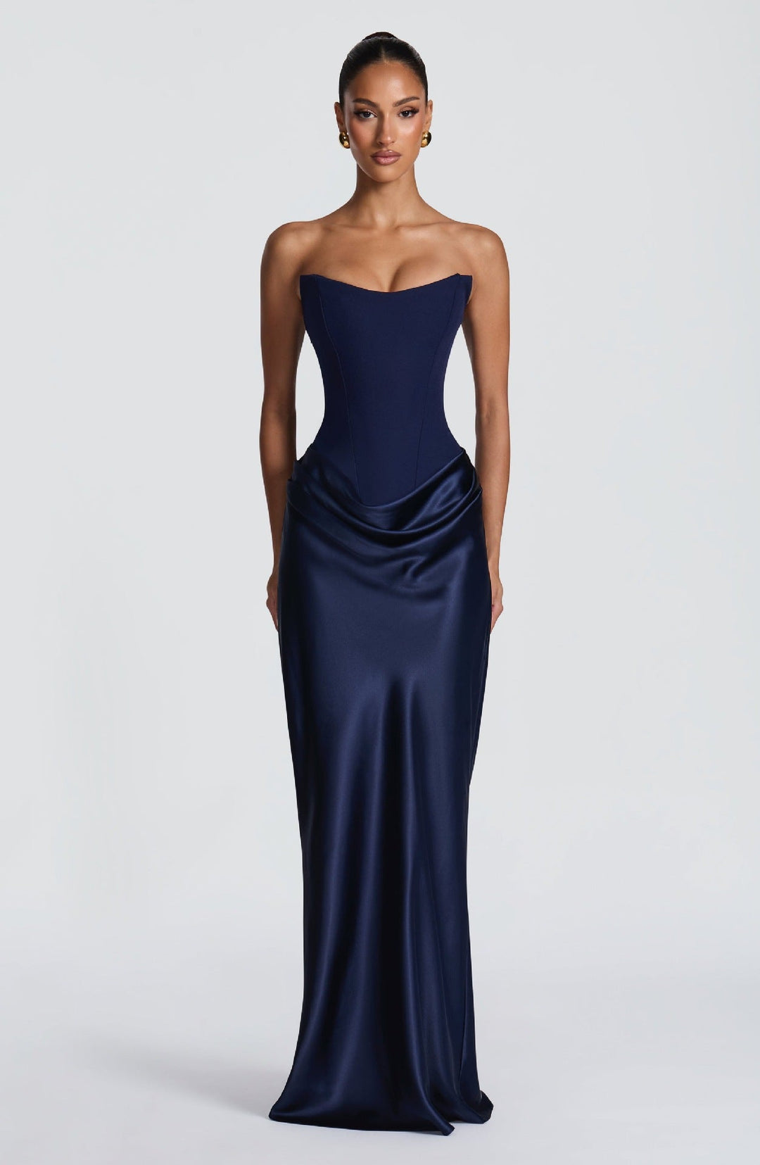 Long Satin Corset Maxi Dress with Draped Choker Neckline and Hip Drape 6