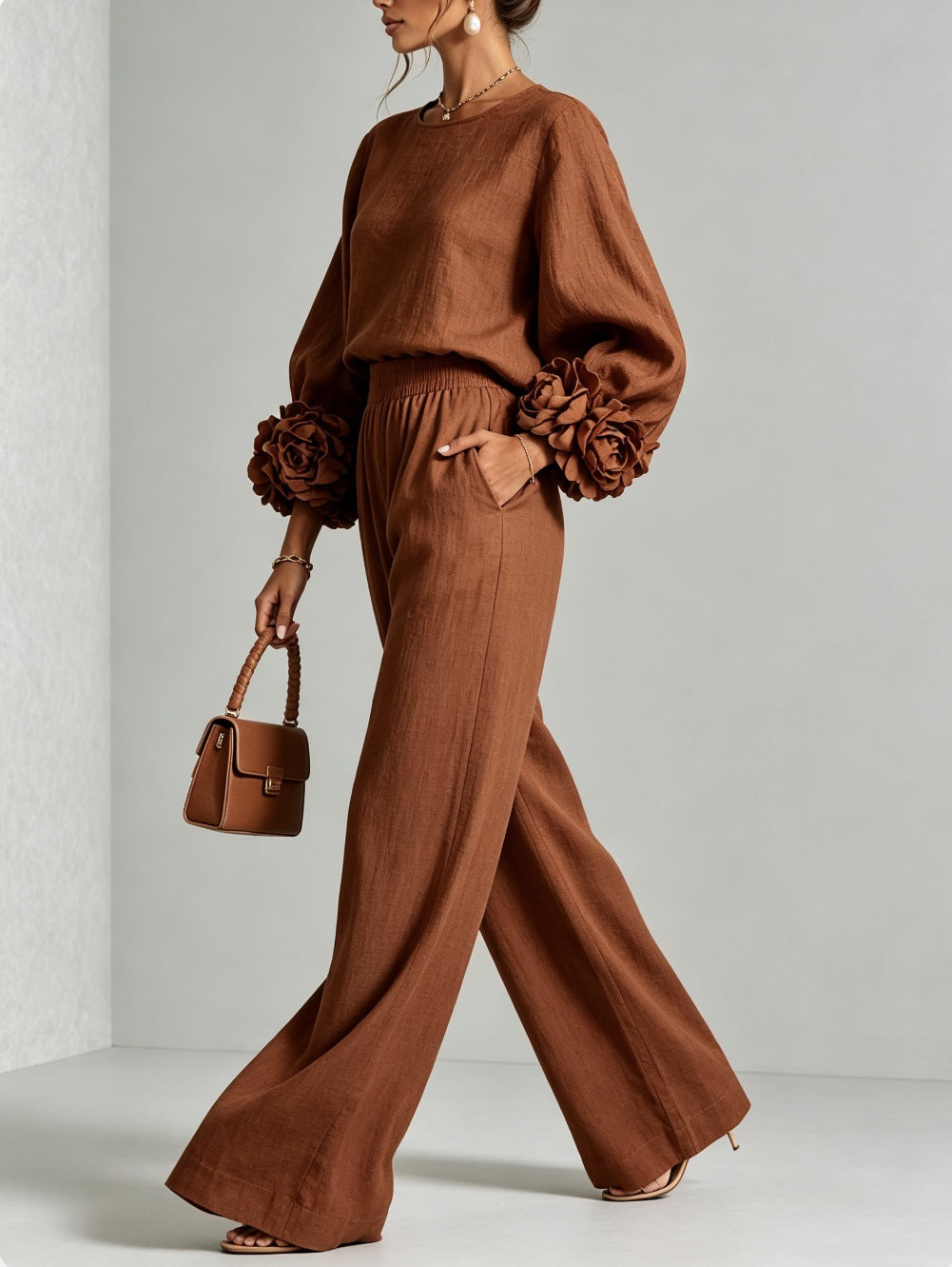 Elegant Two-Piece Set with Statement Sleeves and Wide-Leg Pants 5