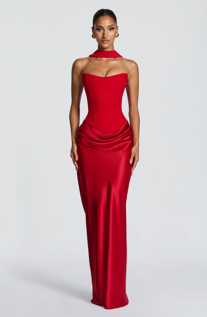 Long Satin Corset Maxi Dress with Draped Choker Neckline and Hip Drape 26