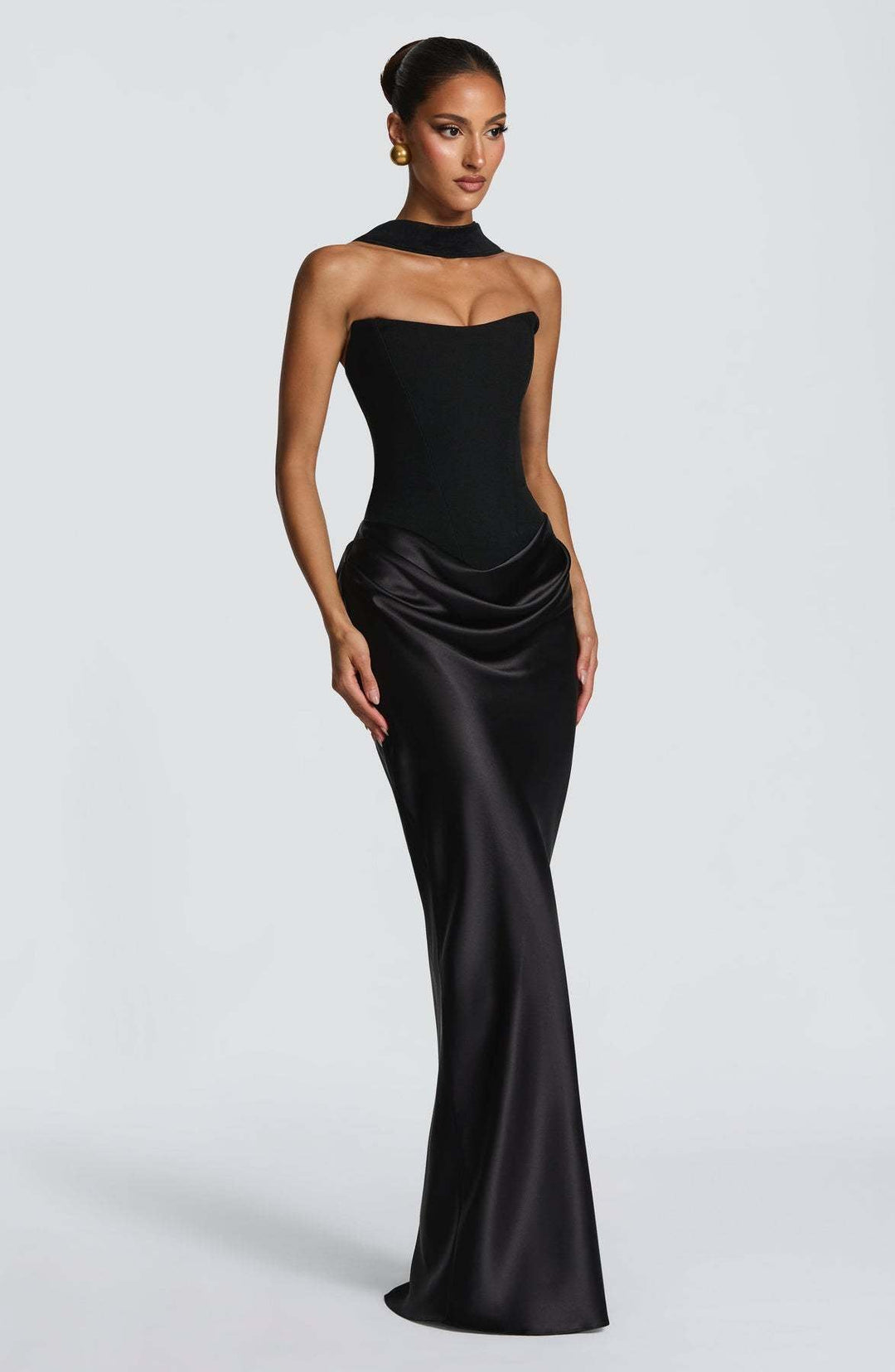 Long Satin Corset Maxi Dress with Draped Choker Neckline and Hip Drape 22
