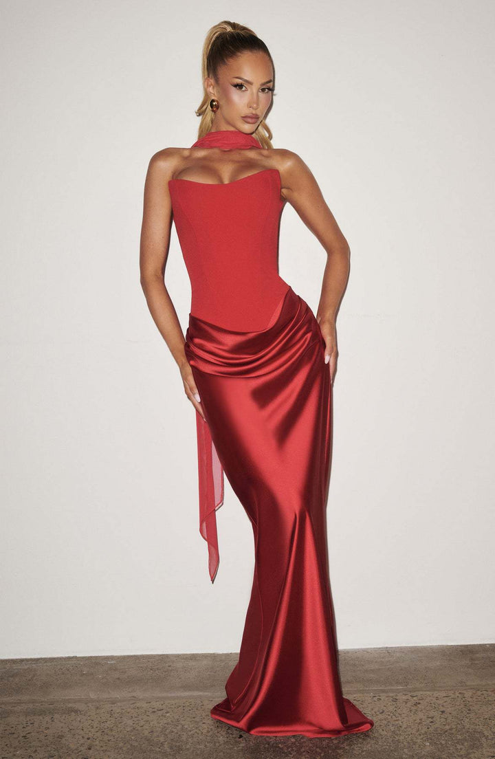 Long Satin Corset Maxi Dress with Draped Choker Neckline and Hip Drape 31