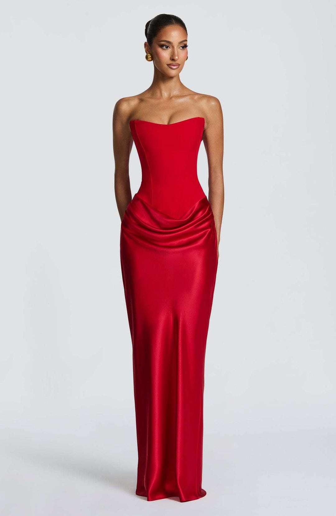 Long Satin Corset Maxi Dress with Draped Choker Neckline and Hip Drape 29