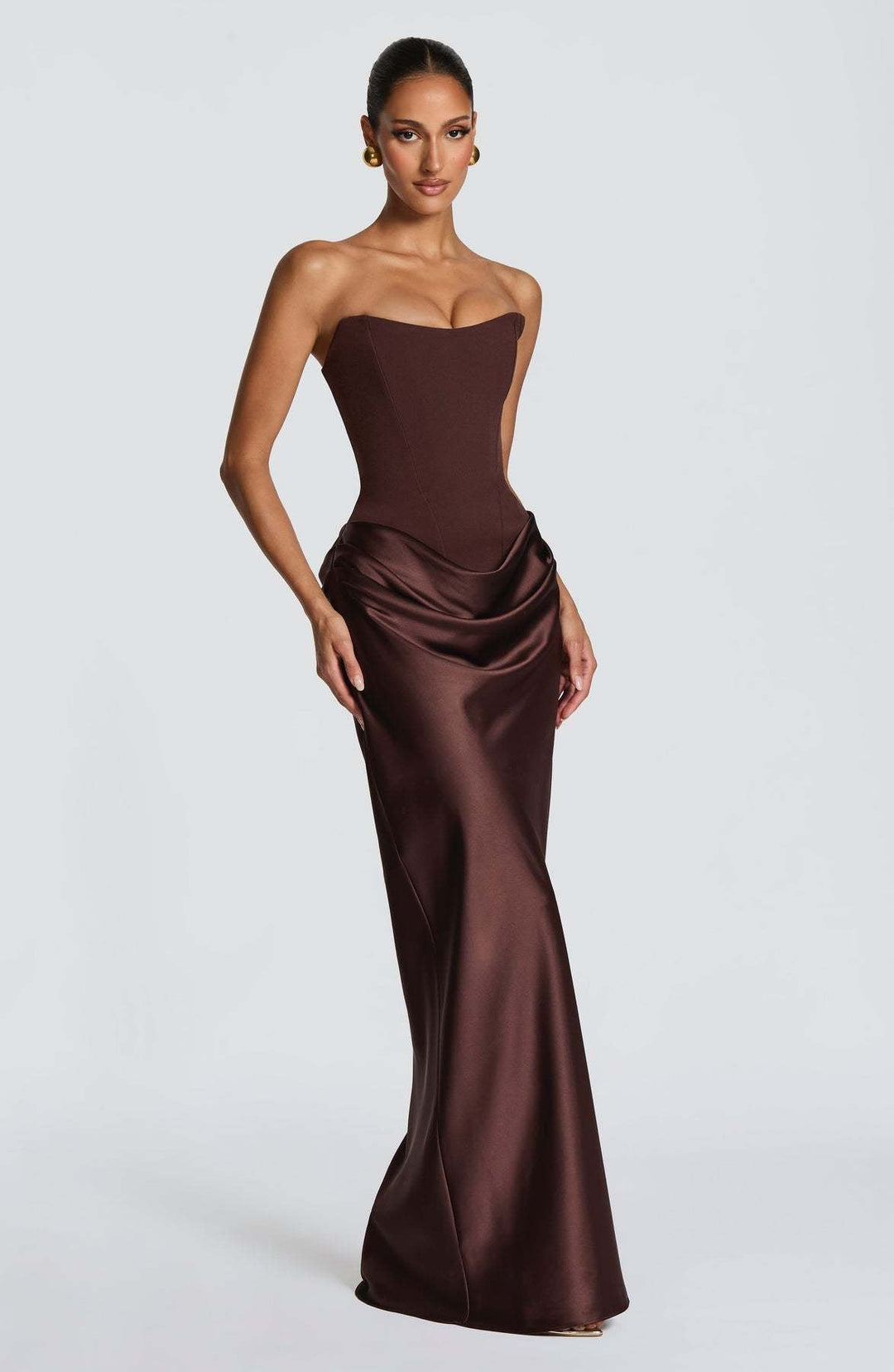 Long Satin Corset Maxi Dress with Draped Choker Neckline and Hip Drape 12