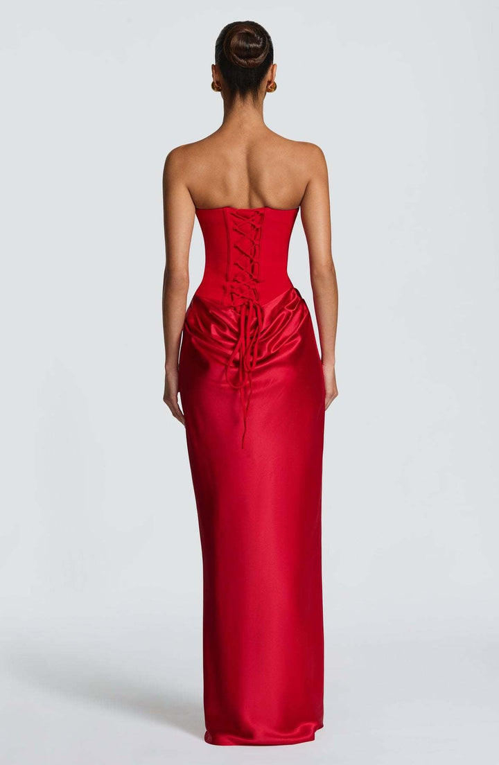 Long Satin Corset Maxi Dress with Draped Choker Neckline and Hip Drape 28