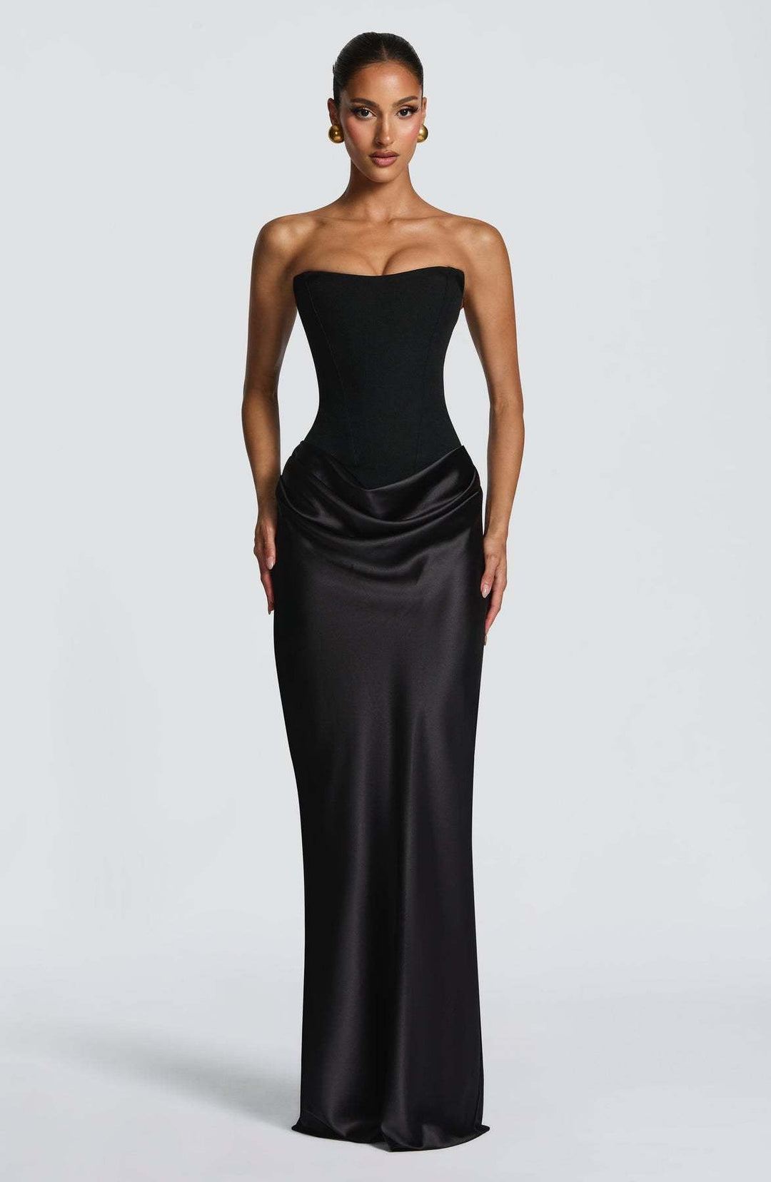 Long Satin Corset Maxi Dress with Draped Choker Neckline and Hip Drape 21