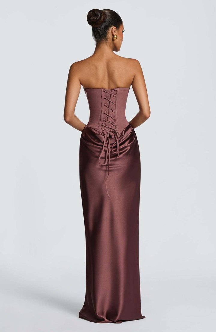Long Satin Corset Maxi Dress with Draped Choker Neckline and Hip Drape 17