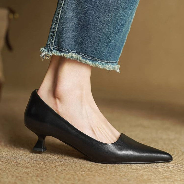 Women's Top-Grain Leather Kitten Heels, Slip-On Pointed Toe Pumps 14