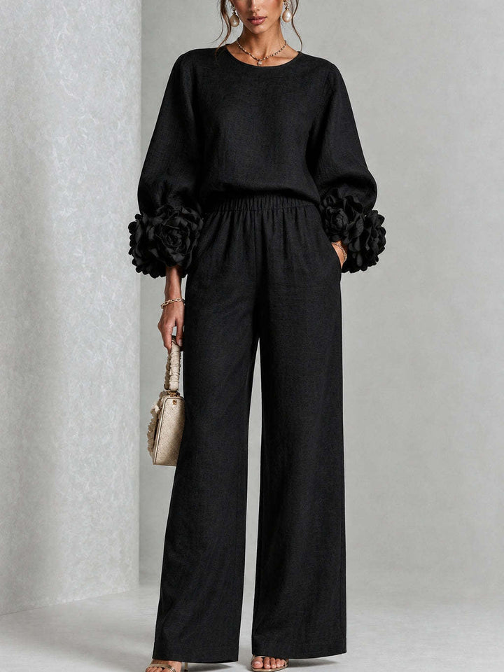 Elegant Two-Piece Set with Statement Sleeves and Wide-Leg Pants 2
