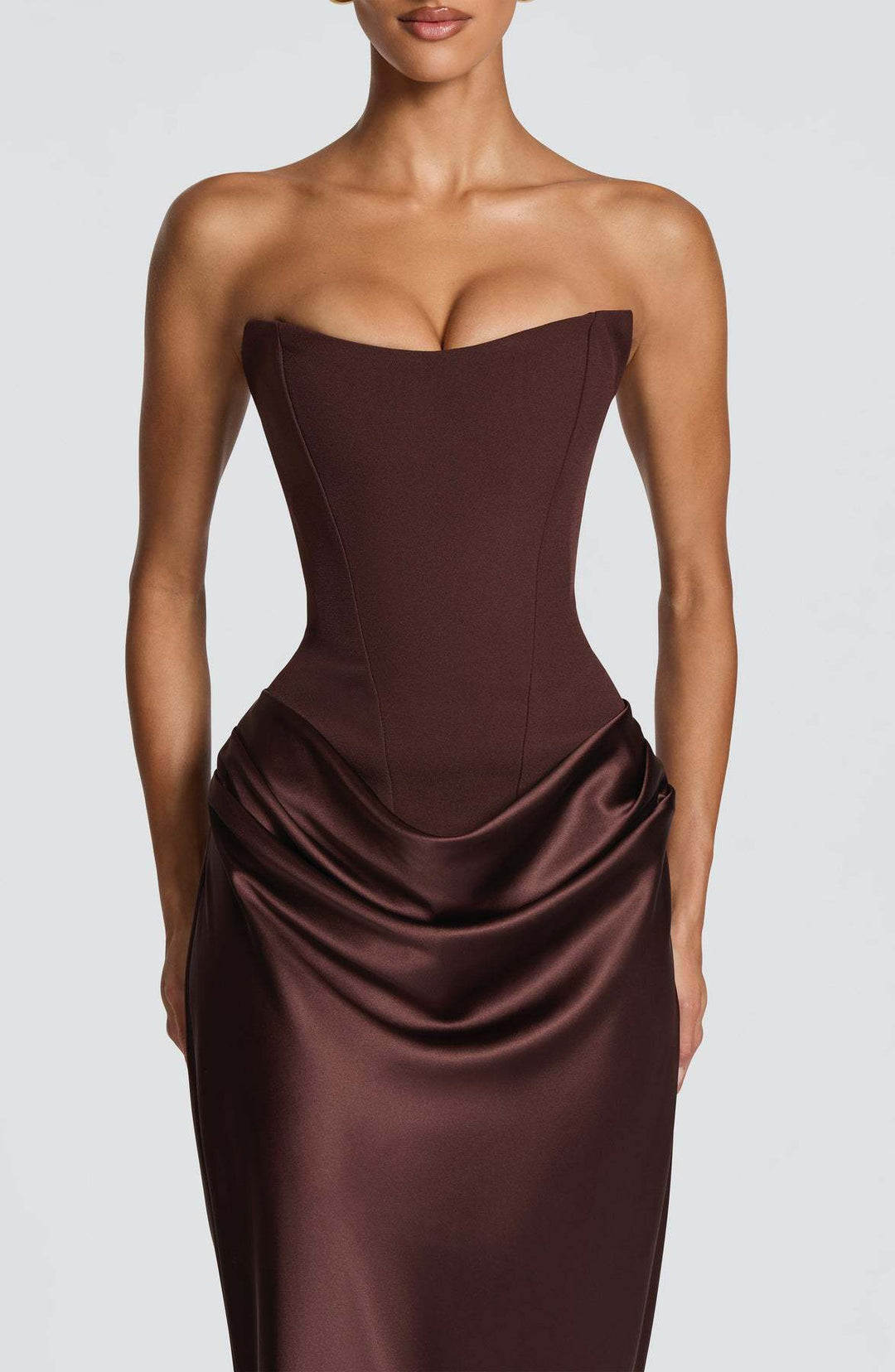 Long Satin Corset Maxi Dress with Draped Choker Neckline and Hip Drape 14