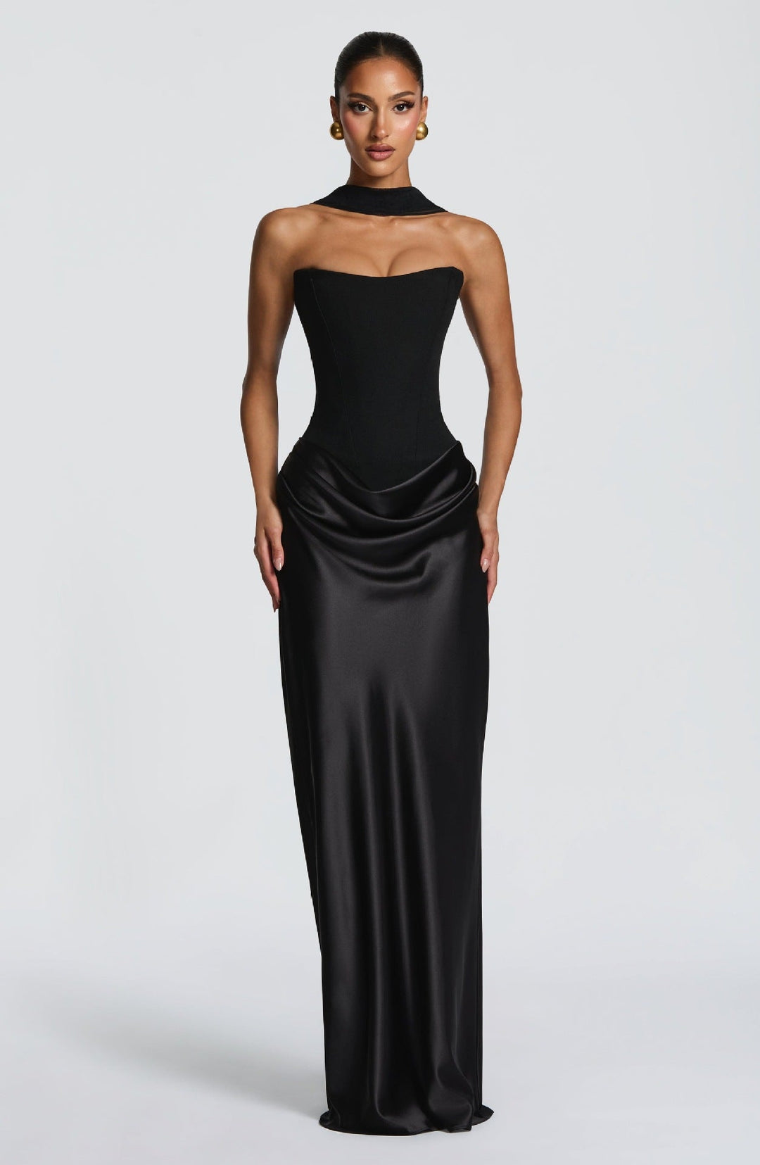 Long Satin Corset Maxi Dress with Draped Choker Neckline and Hip Drape 24