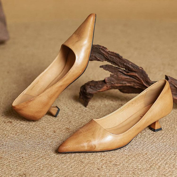 Women's Top-Grain Leather Kitten Heels, Slip-On Pointed Toe Pumps 5