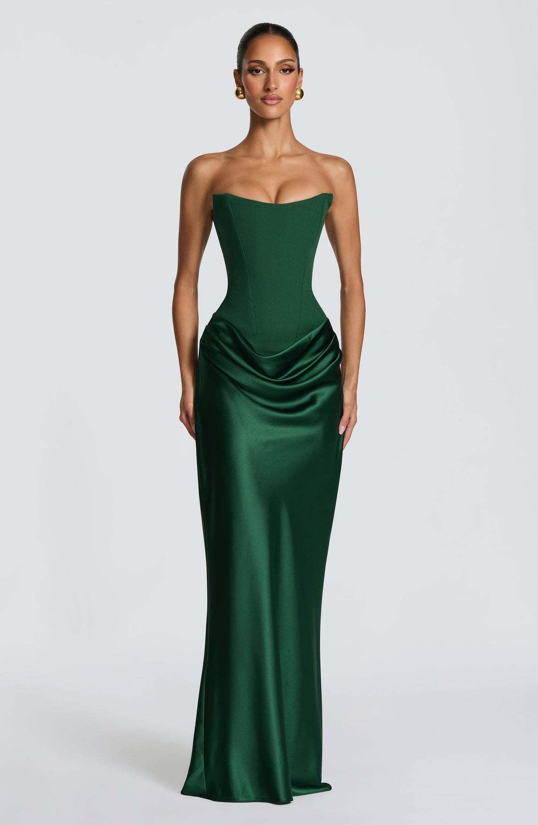 Long Satin Corset Maxi Dress with Draped Choker Neckline and Hip Drape 1