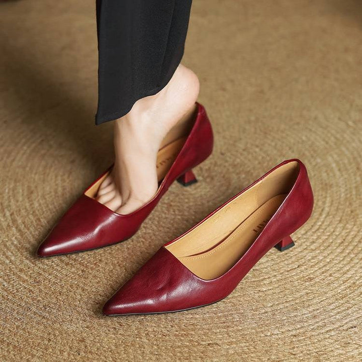 Women's Top-Grain Leather Kitten Heels, Slip-On Pointed Toe Pumps 8