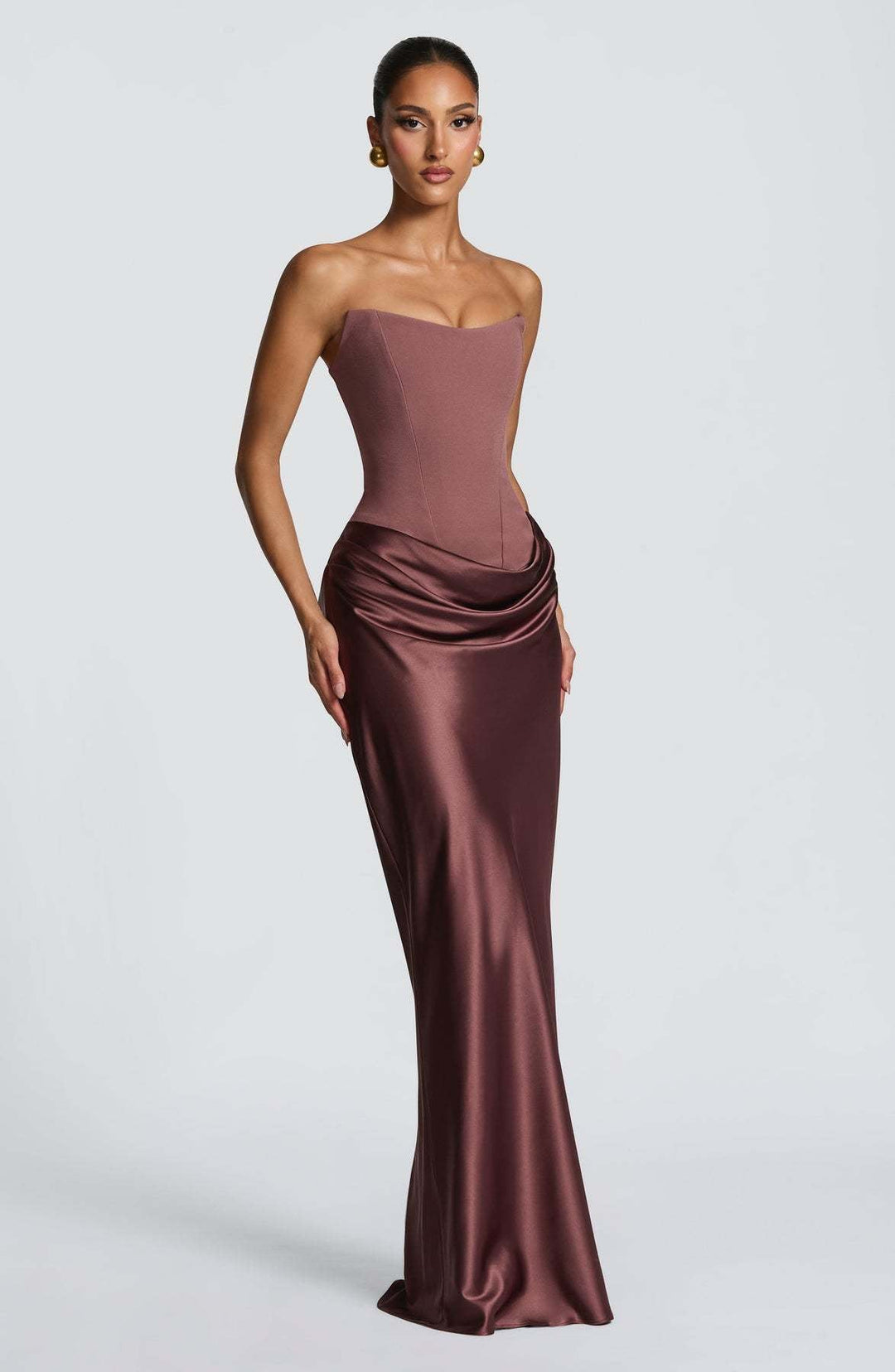 Long Satin Corset Maxi Dress with Draped Choker Neckline and Hip Drape 16