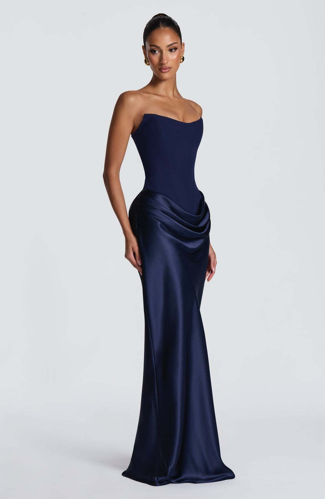 Long Satin Corset Maxi Dress with Draped Choker Neckline and Hip Drape 8