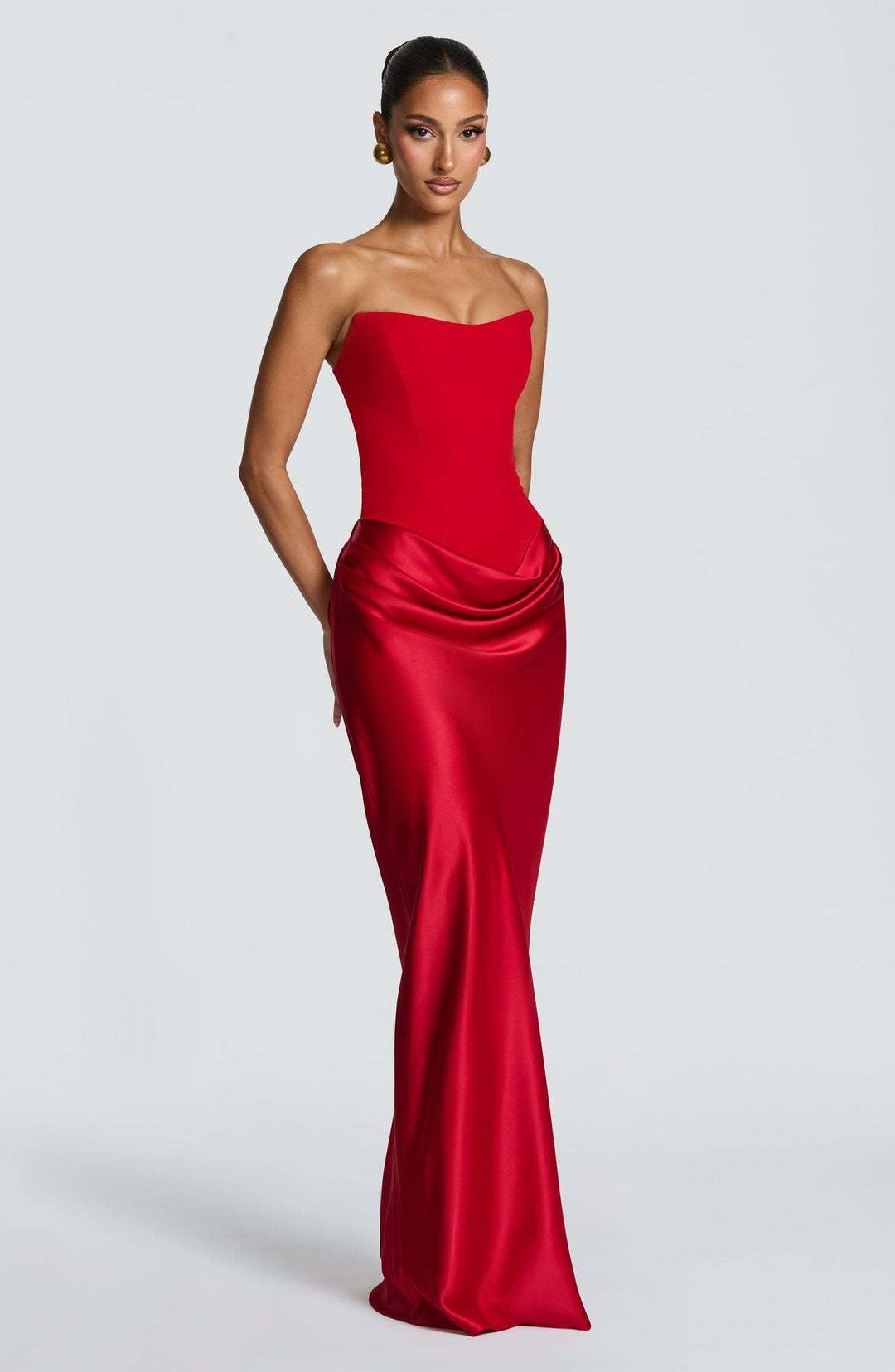 Long Satin Corset Maxi Dress with Draped Choker Neckline and Hip Drape 30