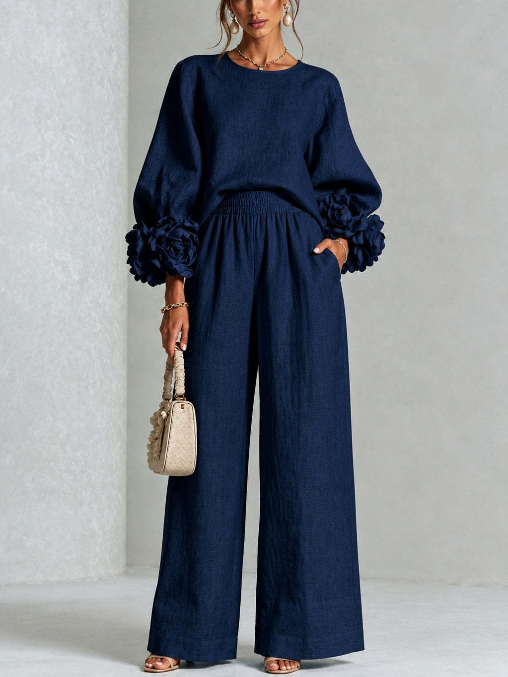 Elegant Two-Piece Set with Statement Sleeves and Wide-Leg Pants 6