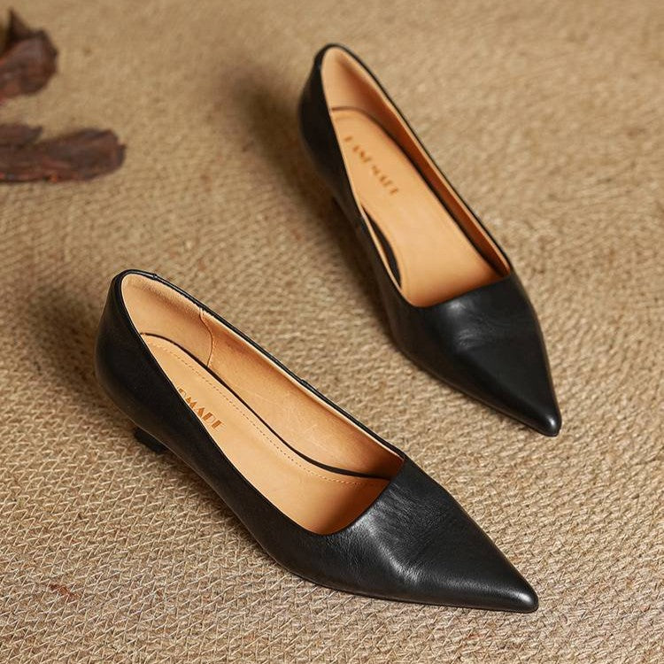 Women's Top-Grain Leather Kitten Heels, Slip-On Pointed Toe Pumps 16