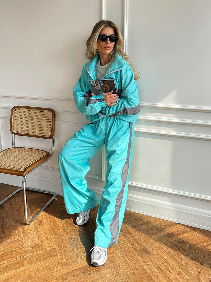 Women's Windbreaker Tracksuit Set with Wide-Leg Pants 11