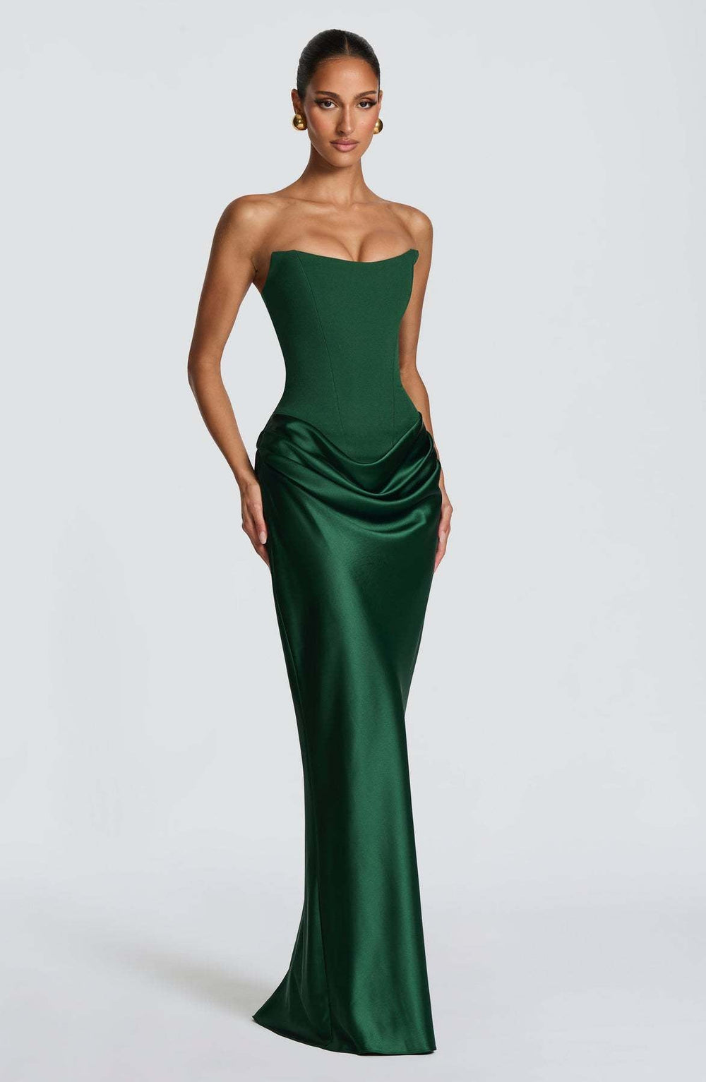 Long Satin Corset Maxi Dress with Draped Choker Neckline and Hip Drape 2