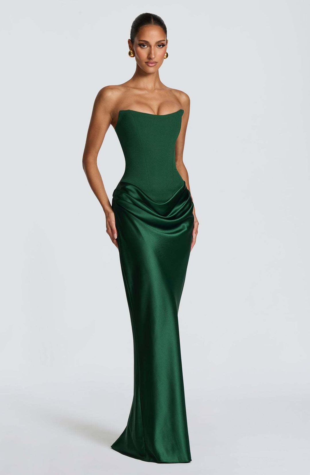 Long Satin Corset Maxi Dress with Draped Choker Neckline and Hip Drape 2