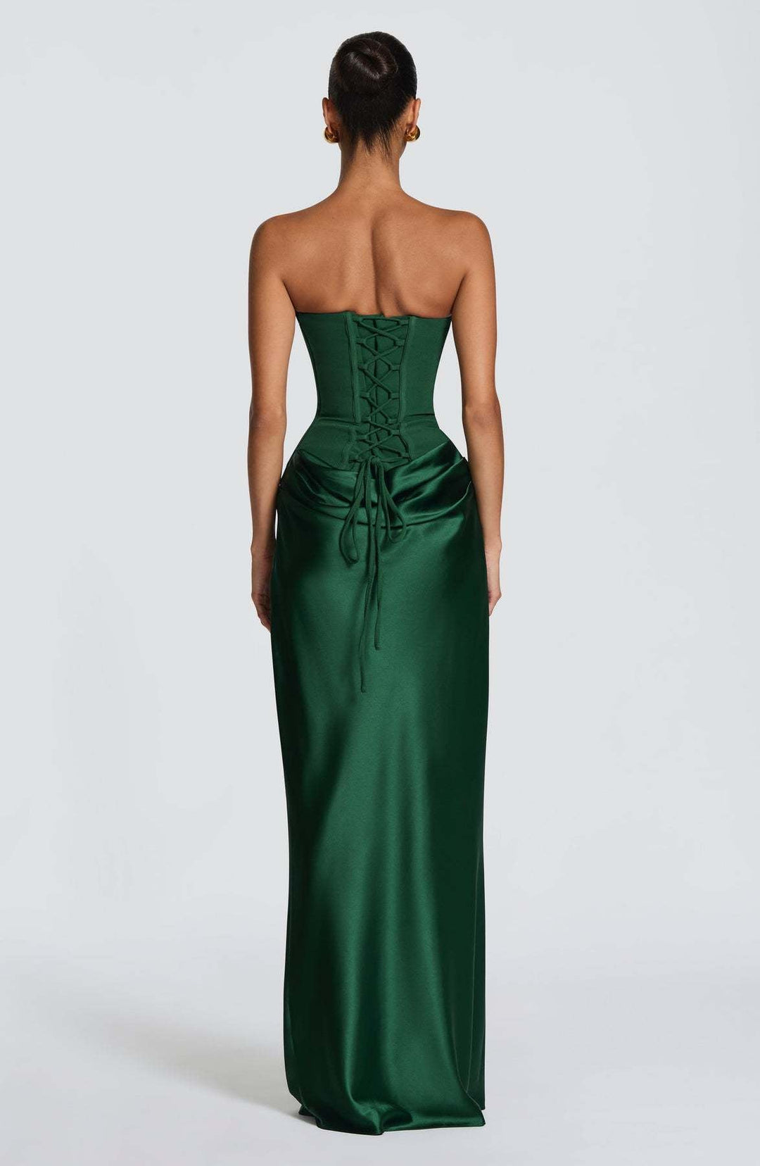 Long Satin Corset Maxi Dress with Draped Choker Neckline and Hip Drape 3
