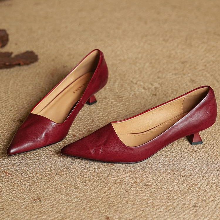 Women's Top-Grain Leather Kitten Heels, Slip-On Pointed Toe Pumps 11
