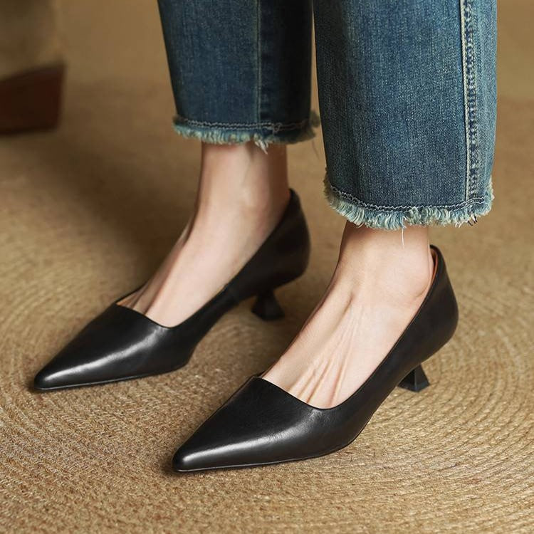 Women's Top-Grain Leather Kitten Heels, Slip-On Pointed Toe Pumps 13