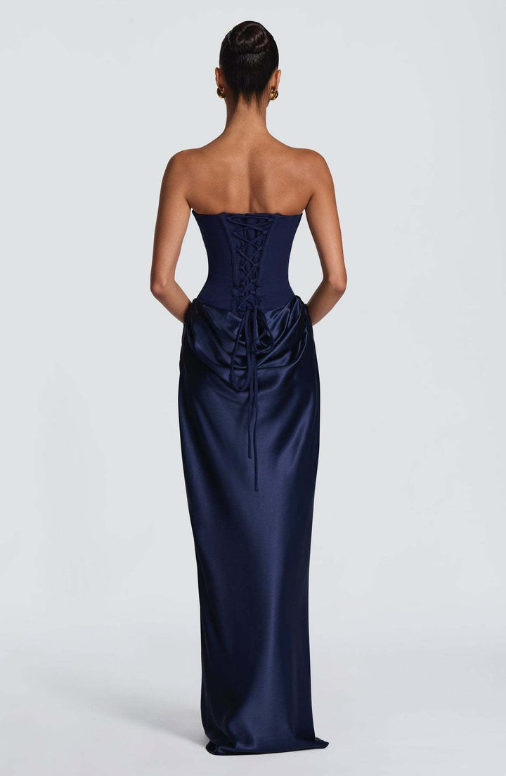 Long Satin Corset Maxi Dress with Draped Choker Neckline and Hip Drape 7