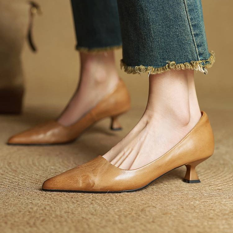 Women's Top-Grain Leather Kitten Heels, Slip-On Pointed Toe Pumps 2